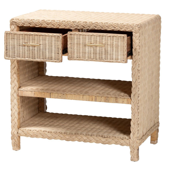English Elm Japandi Braided Rattan Console Table with Two Drawers Open Shelves Entryway Storage B2750P420412