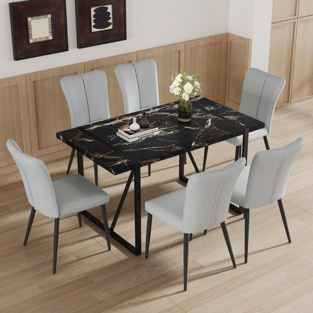 English Elm Table Modern Black Marble Mdf Dining Set With 6 Light Gray Pu Chairs - Stylish, Durable, Comfortable W1151S02528-GIGA