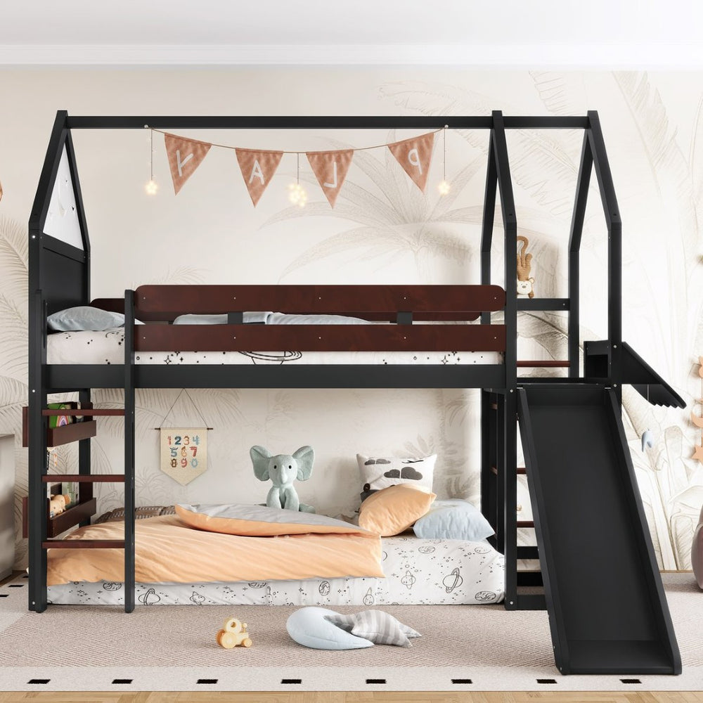 English Elm Full Size Pine Loft Bed House Frame with Slide Bookshelves and Moon Star Rails W1580S00311