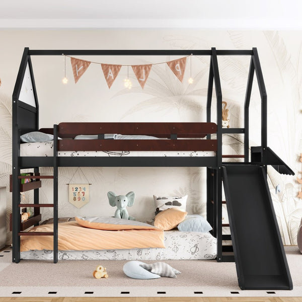 English Elm Full Size Pine Loft Bed House Frame with Slide Bookshelves and Moon Star Rails W1580S00311