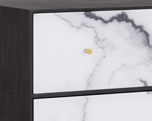 Sunpan Cordero Dresser: Modern Acacia Wood Marvel with Marble Design, Antique Brass Legs & Three Drawers