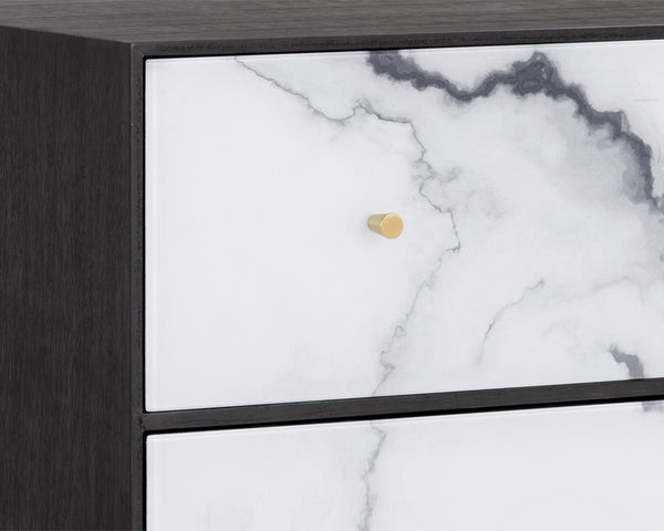 Sunpan Cordero Dresser: Modern Acacia Wood Marvel with Marble Design, Antique Brass Legs & Three Drawers