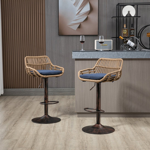 English Elm Modern Swivel Bar Stools Set of 2 Adjustable Counter Height Chairs with Linen Seat, Retro Rattan Back, 360° Rotation and Footrest, Vintage Gold Base, Durable Indoor/Outdoor Seating (Seat Height 25.6–33.9") Blue W39594821