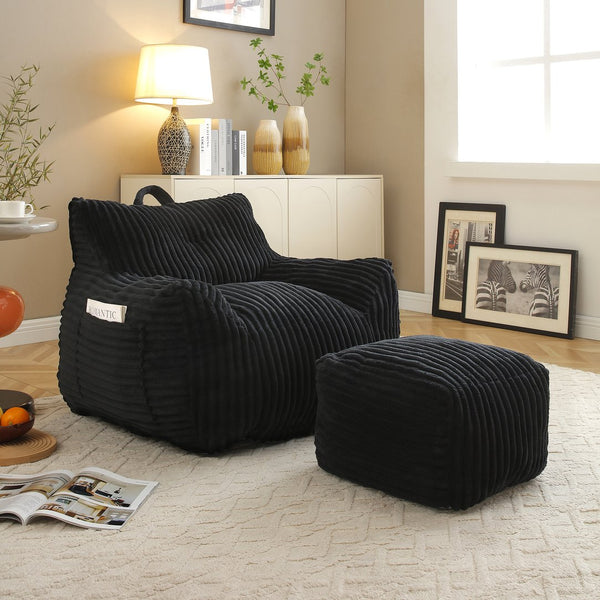 English Elm Giant Plush Bean Bag Chair with Armrests and Footstool for Ultimate Comfort, Durable Corduroy Lounge Sofa Black W1117P309394