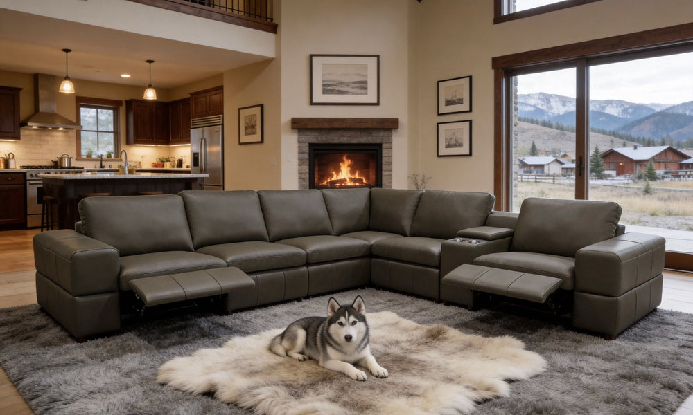 English Elm Premium Leather Match Sectional with Dual Recliners Square Arms and Console Storage Olive Green B2748S00158