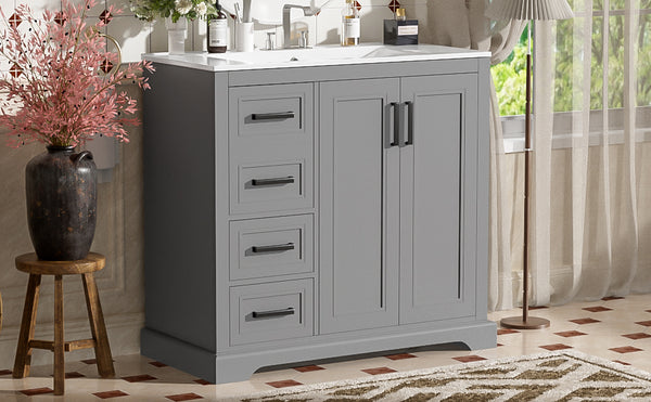 English Elm 36" Modern Bathroom Vanity with Ceramic Sink, Soft-Close Doors, 3 Drawers & Ample Storage for Small Baths Gray N729P280194E