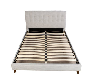 English Elm Queen Upholstered Bed Set with Stone Polyester Headboard and Walnut Nightstands B2699S00076