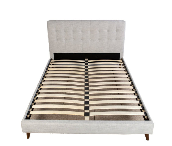 English Elm Queen Upholstered Bed Set with Stone Polyester Headboard and Walnut Nightstands B2699S00076