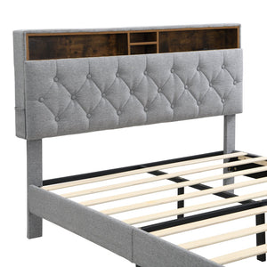 English Elm Queen-Size Upholstered Platform Bed Frame with Button-Tufted Linen Headboard, Built-In USB Hub and Storage LIGHT GREY W311P285479