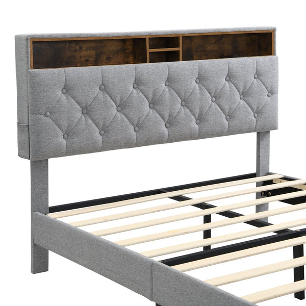 English Elm Queen-Size Upholstered Platform Bed Frame with Button-Tufted Linen Headboard, Built-In USB Hub and Storage LIGHT GREY W311P285479