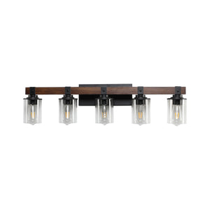 English Elm 35" Rustic 5-Light Vanity Light with Clear Glass Shades and Real Wood Accent, Industrial Farmhouse Fixture W2312P374784