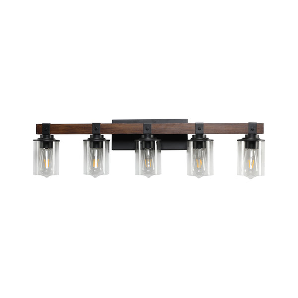 English Elm 35" Rustic 5-Light Vanity Light with Clear Glass Shades and Real Wood Accent, Industrial Farmhouse Fixture W2312P374784