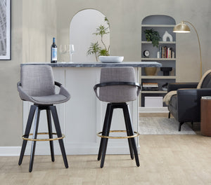 English Elm Fixed-height Swivel Barstools Upholstered Grey Fabric Black Wood Legs Kitchen Set of 2 B202S01891