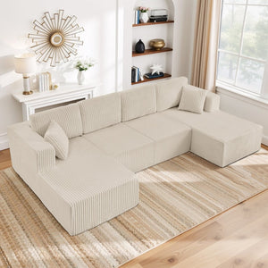 English Elm U-shaped Modular Corduroy Sectional Sofa Sleeper Spacious Living Room Lounge Couch Beige W487S00425
