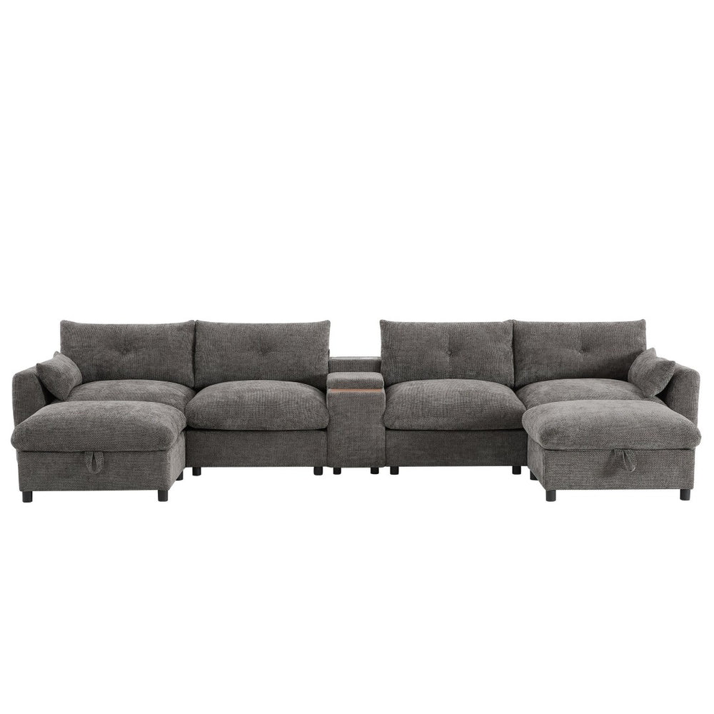 English Elm 142'' Modular Sectional Sofa - 6 Seats, Movable Ottoman, Usb Charging, Chic Chenille Style N723S9777E-GIGA