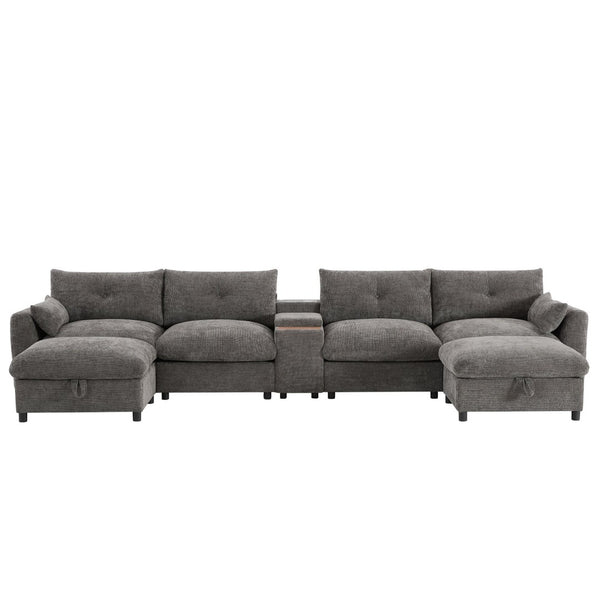 English Elm 142'' Modular Sectional Sofa - 6 Seats, Movable Ottoman, Usb Charging, Chic Chenille Style N723S9777E-GIGA