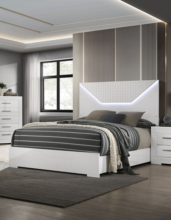 English Elm White Glam Queen Bed with High-Gloss Finish and LED Headboard, Engineered Wood Modern Design White 83 L x 34.5 W x 6 H B2741S00162