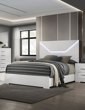 English Elm 3pc Queen Bedroom Set High Gloss White Led Headboard Glam Nightstands Chrome Accents B2741S00163