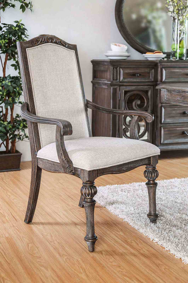 English Elm Natural Rustic 2-Piece Arm Chair Set With Ivory Upholstered Seats & Intricate Wood Inlay Detail B2741P408875