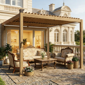 English Elm Outdoor Louvered Steel Pergola with Solar Led Lights and Adjustable Shade Roof T3971S00203