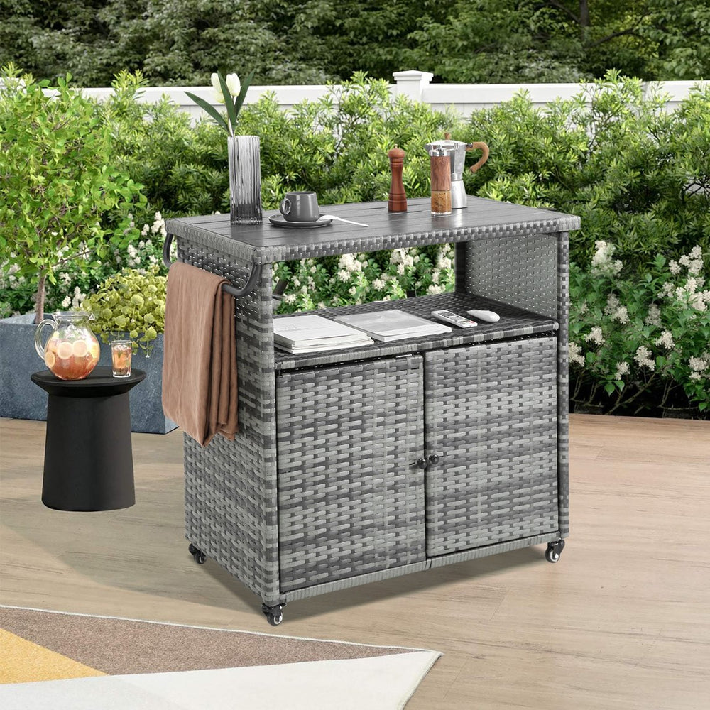 English Elm Outdoor Wicker Bar Cart with Wheels — Rolling Rattan Beverage & Wine Serving Table w/Glass Top, Sturdy Steel Frame for Patio Garden Poolside Parties (Light Brown) W640P175463