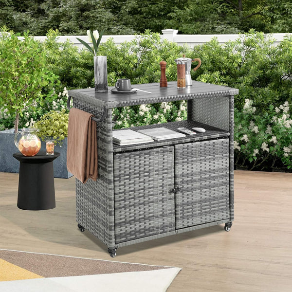 English Elm Outdoor Wicker Bar Cart with Wheels — Rolling Rattan Beverage & Wine Serving Table w/Glass Top, Sturdy Steel Frame for Patio Garden Poolside Parties (Light Brown) W640P175463