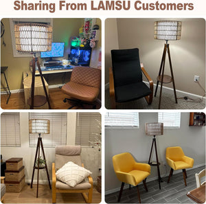 English Elm Boho Rubber Wood Tripod Floor Lamp with Shelves, Dual Rattan & Fabric Shades, Foot Switch Light W2738P185422