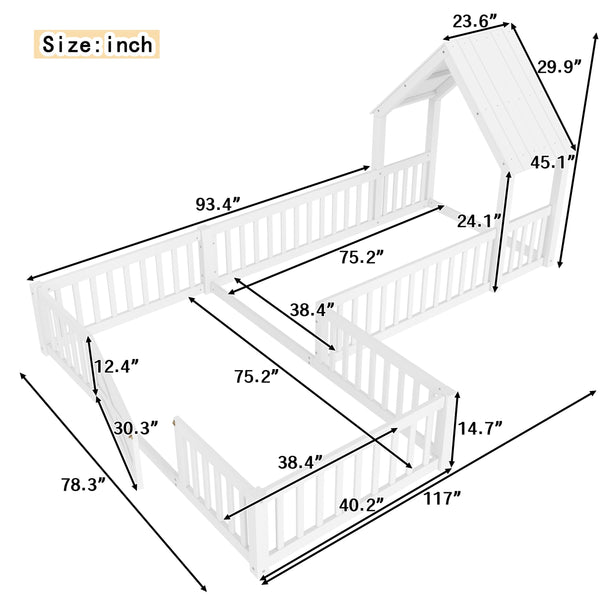 English Elm Twin House Floor Bed with Door & Full-Length Guardrails, Solid Wood Twin Loft Alternative for Kids White W1580P327128