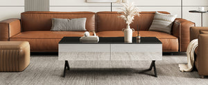 English Elm Rectangular Mirrored Coffee Table 47.3″ with Black High-Gloss Top, Metal Base & 2 Drawers Storage N735P350387B