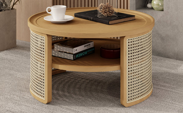English Elm 2-Tiered Round Natural Wood Coffee Table with Rattan Storage Shelf, Thick Top, Curved Edge Design 31.3" N735P185131N