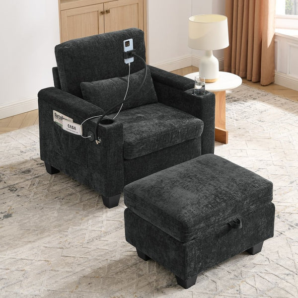 English Elm Single Chenille Manual Recliner with Usb Port Hidden Storage Ottoman and Cup Holders Black W487P423649