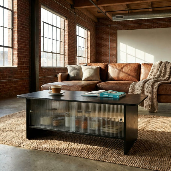 English Elm 47"rectangular Coffee Table Fluted Glass Sliding Doors Retro Wood Grain Living Room Storage Black W3935P408521