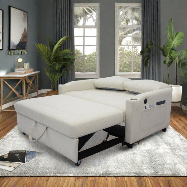 English Elm 1 Versatile Foldable Sofa Bed in Beige Velvet – 3-Length Convertible Pull-Out with USB, Storage, Swivel Phone Stand and Ashtray W1183S00014