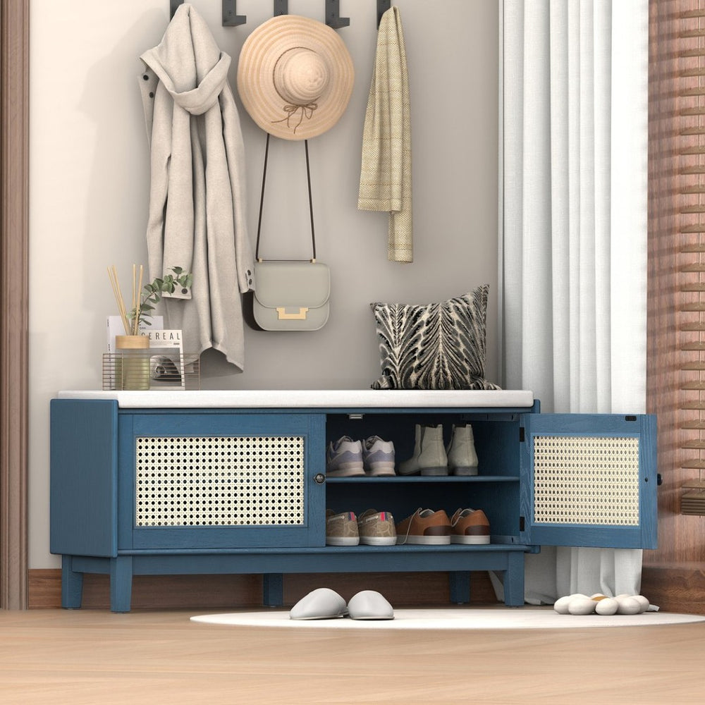 English Elm Trexm Bohemian Rattan Storage Bench Cushioned Seat Shoe Cabinet for Entryway Antique Navy,Beige N715P308012M