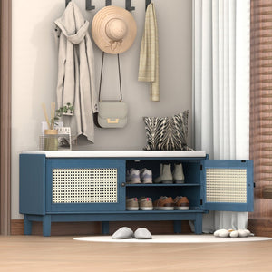 English Elm Trexm Bohemian Rattan Storage Bench Cushioned Seat Shoe Cabinet for Entryway Antique Navy,Beige N715P308012M