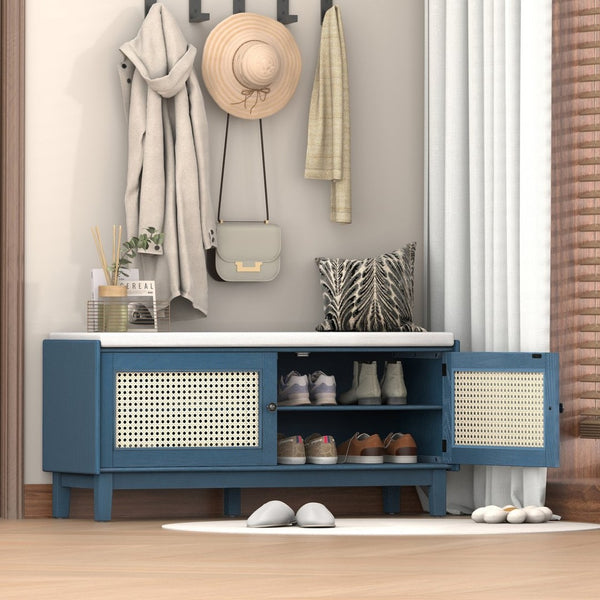 English Elm Trexm Bohemian Rattan Storage Bench Cushioned Seat Shoe Cabinet for Entryway Antique Navy,Beige N715P308012M
