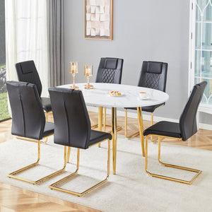 English Elm Table and 6 Chair Extendable Mdf Dining Set with Gold Arched Legs Modern Style Black,White+Gold W1151S03946