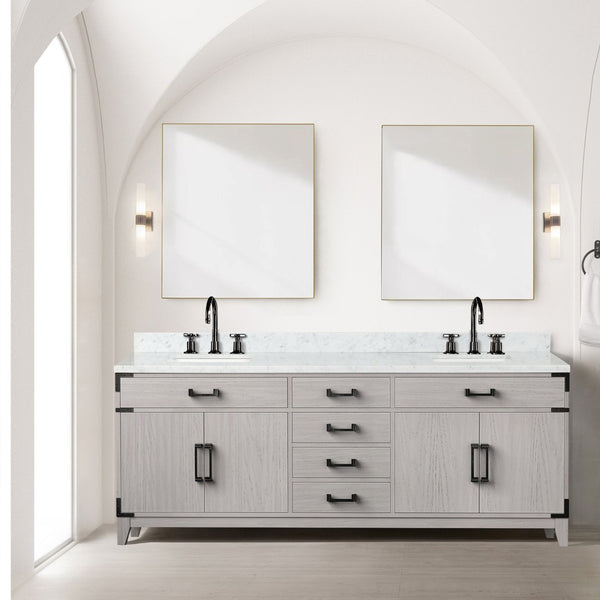 English Elm White Oak Double Bath Vanity 84" W With Carrara Marble Top, Chrome Faucet Set & Ample Storage Solutions B2731P259987-GIGA
