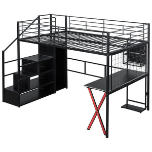 English Elm Full Full Size Metal Loft Bed with Built-In Desk, Wardrobe & Stair Storage, LED Lights, Space-Saving Black GX000663AAB