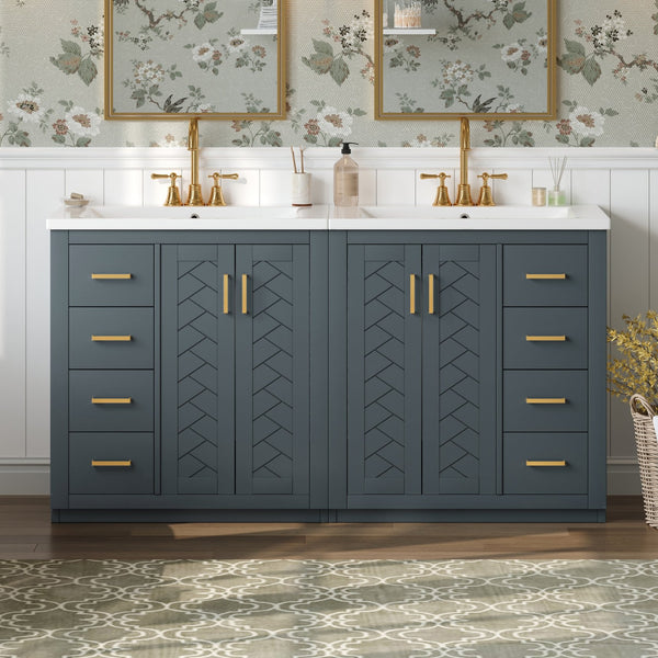 English Elm 60'' Bathroom Vanity Set With Ceramic Sink - Stylish Solid Wood Frame, Soft-Closing Drawers & Doors N710SS00001C