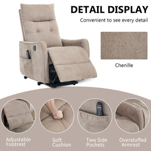 English Elm Beige Chenille Power Lift Recliner with Massage Heat and Usb for Senior Comfort Khaki W1803P364115