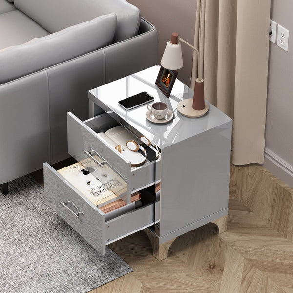 English Elm High Gloss Mirrored 2 Drawer Nightstand Slim Metal Legs Modern Bedroom Side Table Grey W5271P416536