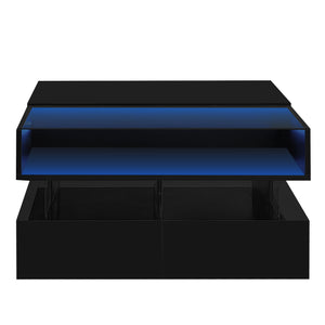 English Elm VIBE Lift-Top Coffee Table with Glass Top, Hidden Storage & LED Ambience, Modern High-Gloss Centerpiece Black N724P290043B