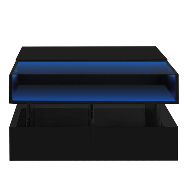 English Elm VIBE Lift-Top Coffee Table with Glass Top, Hidden Storage & LED Ambience, Modern High-Gloss Centerpiece Black N724P290043B