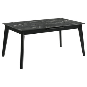 English Elm Bellingham Black Faux Marble Dining Table with Self-Storing Extension Leaf and Splayed Legs, Versatile Elegance B062P354064