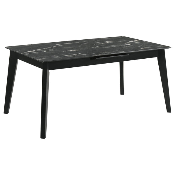 English Elm Bellingham Black Faux Marble Dining Table with Self-Storing Extension Leaf and Splayed Legs, Versatile Elegance B062P354064
