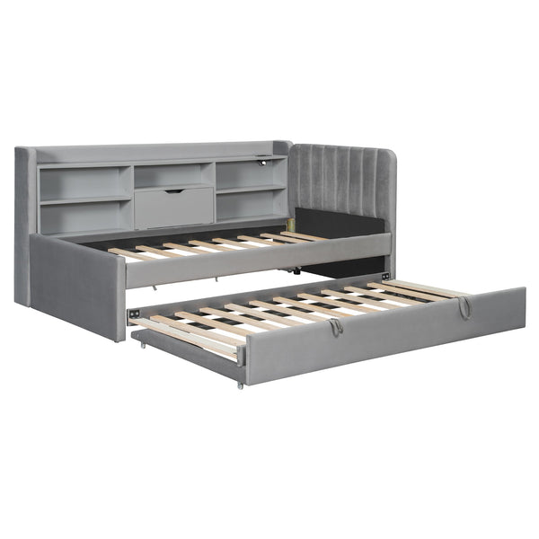 English Elm Twin Upholstered Daybed with Pull-Up Trundle, Velvet High Back with Shelves, Flip Storage & USB Gray SF000194AAE