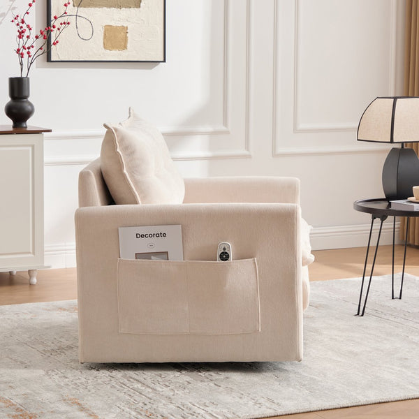 English Elm UNITED Swivel Barrel Chair with Chenille Upholstery, 360° Smooth Rotation, Padded Arm Comfort and Side Pockets for Living Room Relaxation Beige W1568P290083