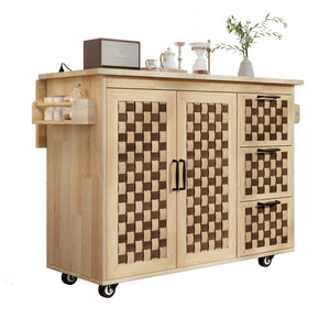 English Elm K&K Vintage Woven Checkerboard Kitchen Island 53.2" with Drop Leaf, Power Outlet, 5 Wheels, Storage N707P215328Y
