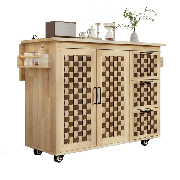 English Elm K&K Vintage Woven Checkerboard Kitchen Island 53.2" with Drop Leaf, Power Outlet, 5 Wheels, Storage N707P215328Y
